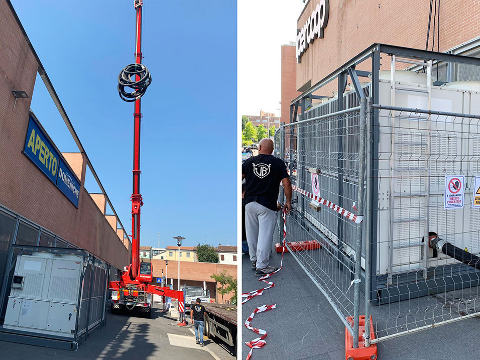 Intervento di ripristino climatizzazione con gruppi frigo a noleggio presso il CC Lungosavio di Cesena ripristino climatizzazione con gruppi frigo a noleggio